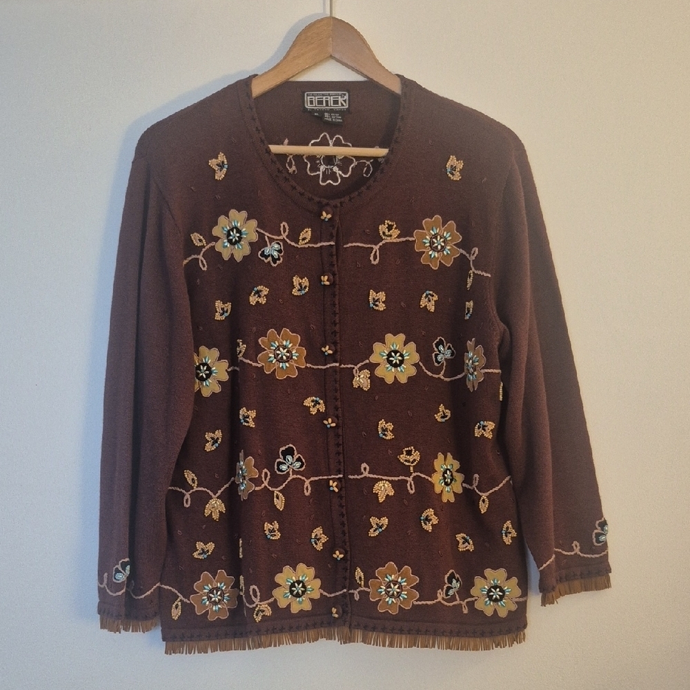 Berek by Takako Sakon Vintage Boho Cowgirl Beaded Cardigan & Tank Set XL - Picture 2 of 13